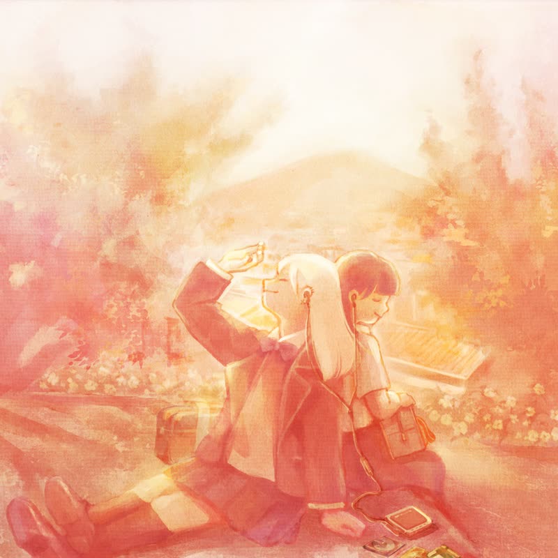 Mayu single cover: two girls sharing earphones in a warm watercolor town